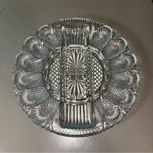 Vtg LE Smith Deviled Egg Plate Platter Relish Tray Dish Clear Glass Heritage 11"